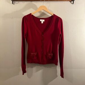 Red V-Neck Cardigan with Bow Pockets